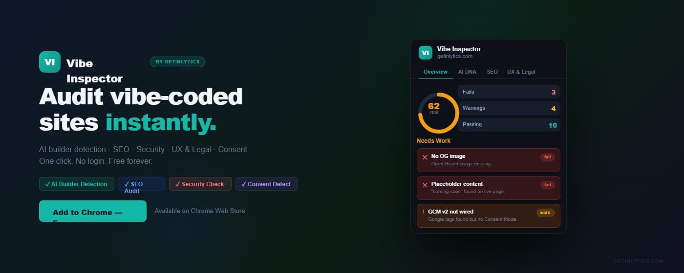 Vibe Inspector extension showing full audit panel on a vibe-coded site