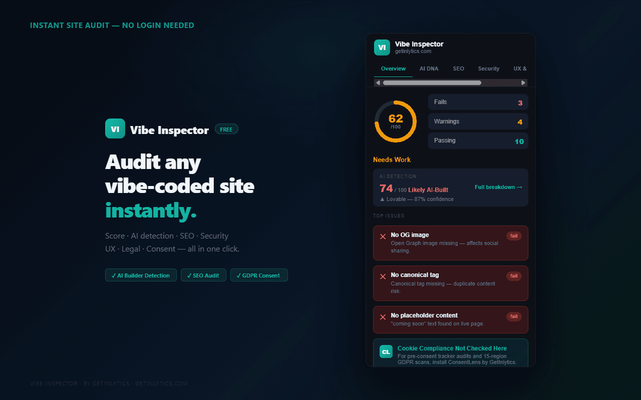 Vibe Inspector overview tab showing Vibe Score, AI builder badge, and audit results