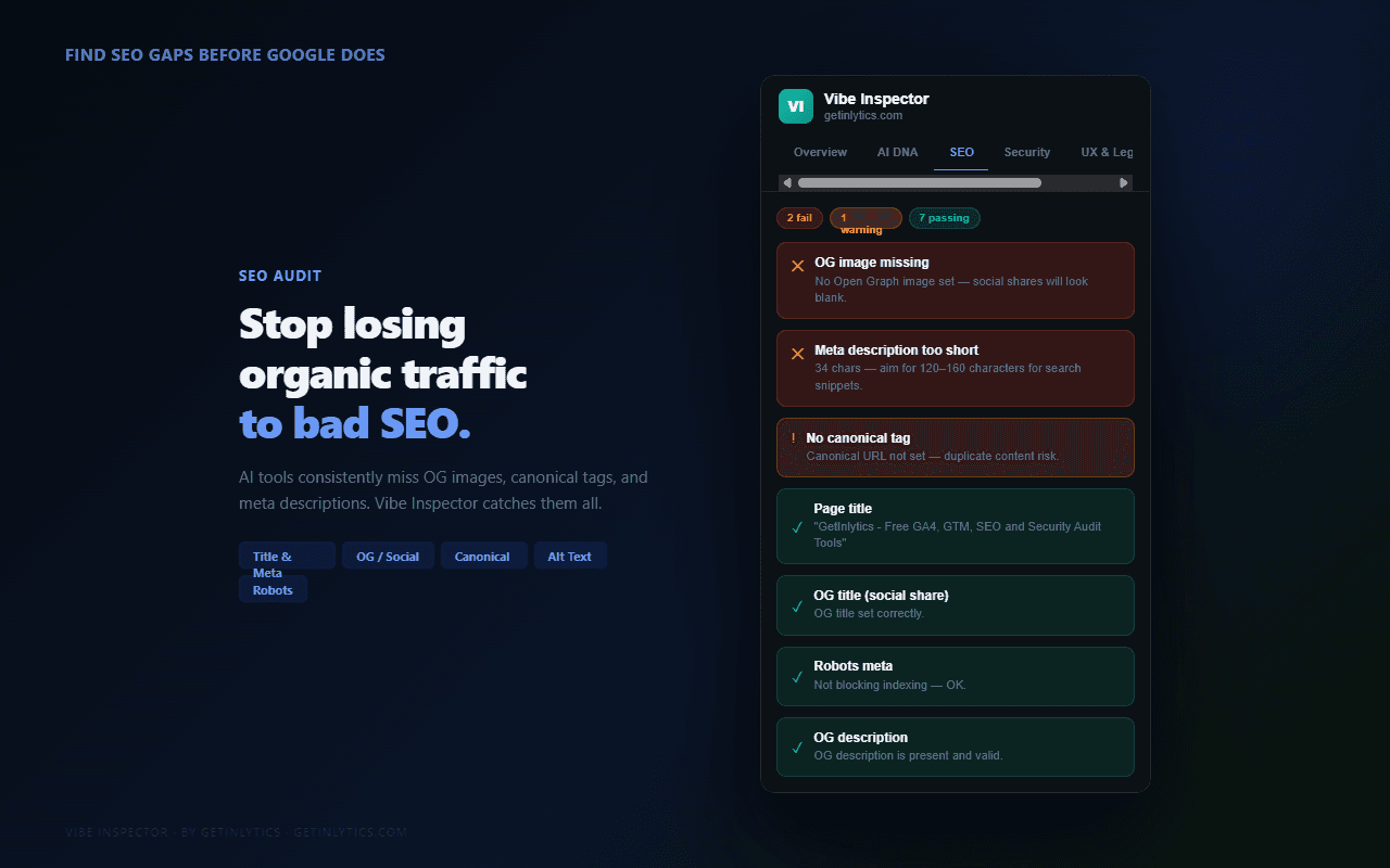 Vibe Inspector SEO tab showing failing and warning audit checks