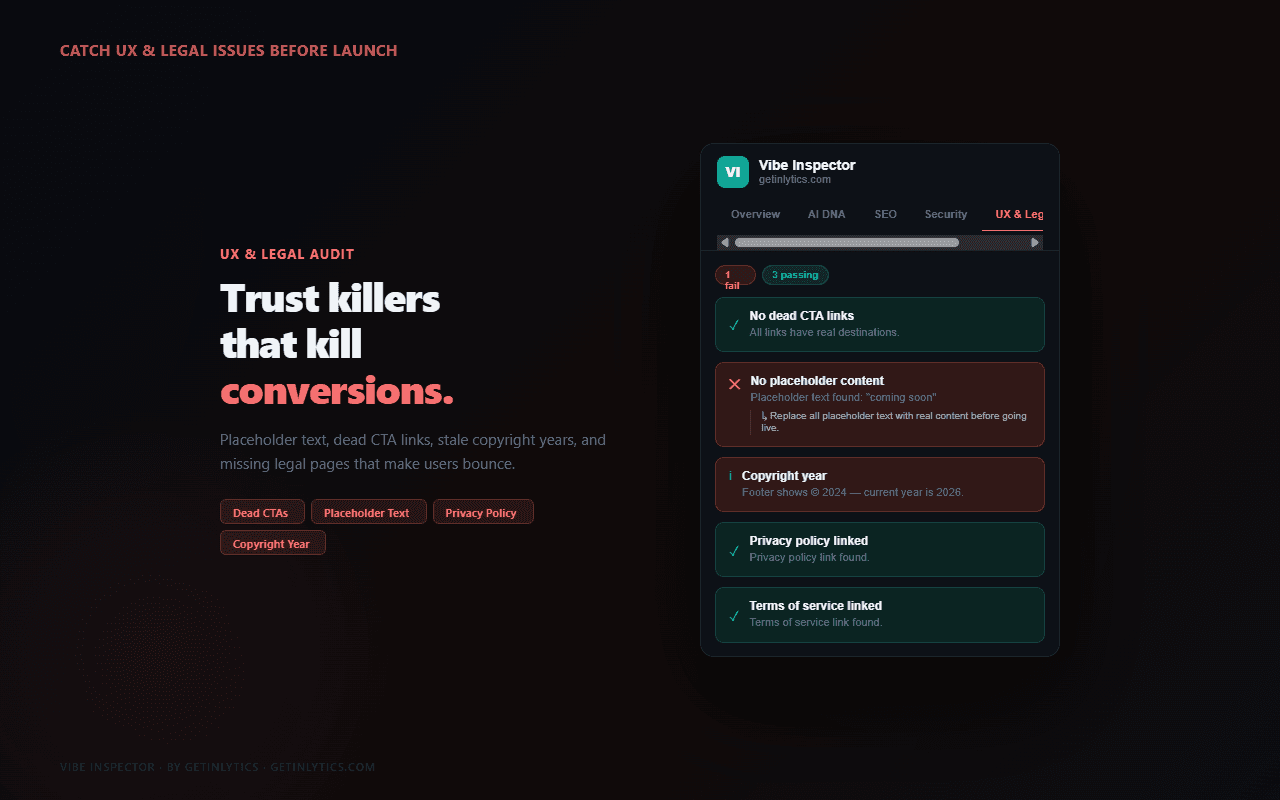 Vibe Inspector UX and legal tab showing compliance checks