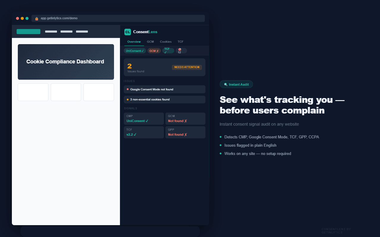 ConsentLens overview tab showing signal summary and detected issues