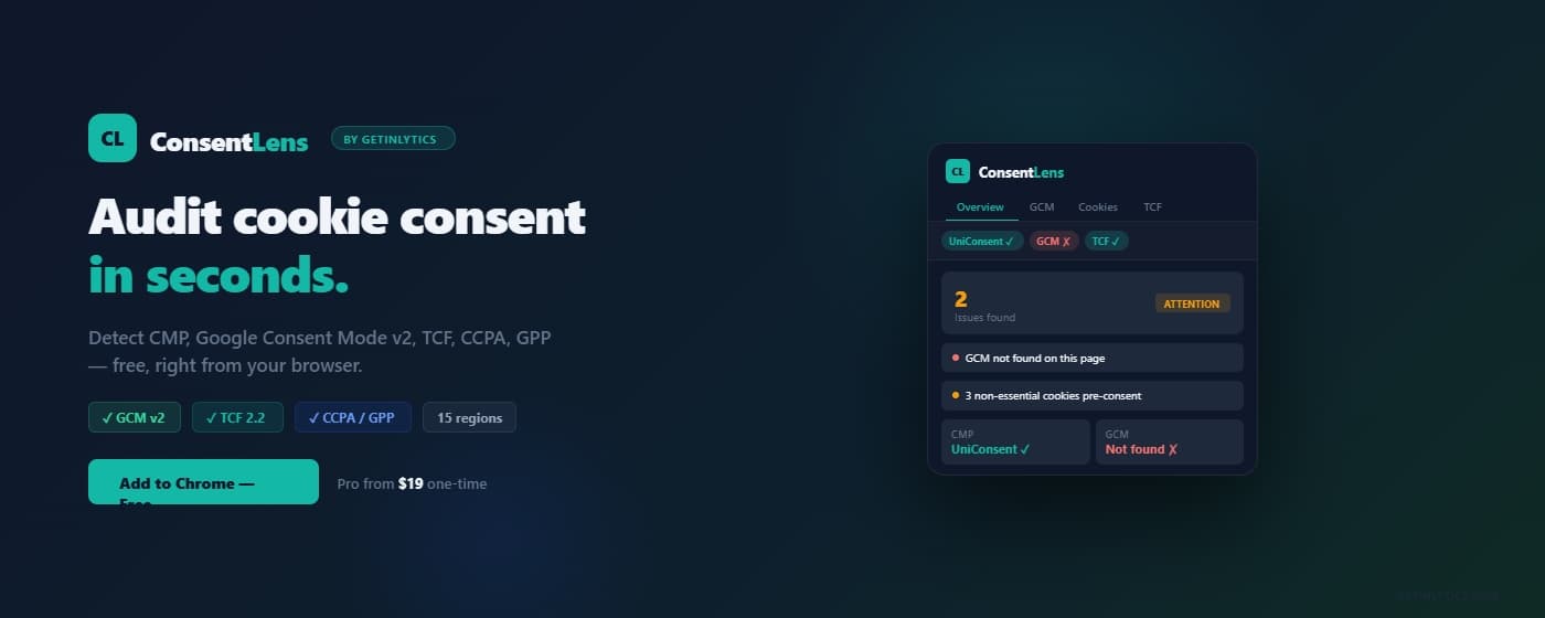 ConsentLens extension showing consent compliance signals in Chrome side panel